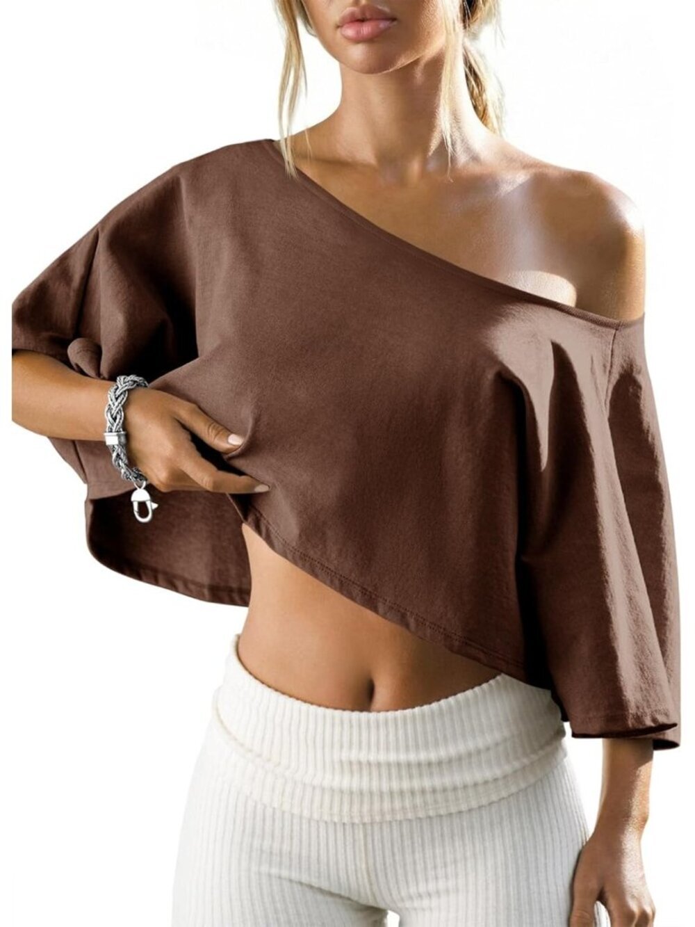 Women's Brown Off Shoulder Cropped Batwing Top Wide Neck Short Sleeve